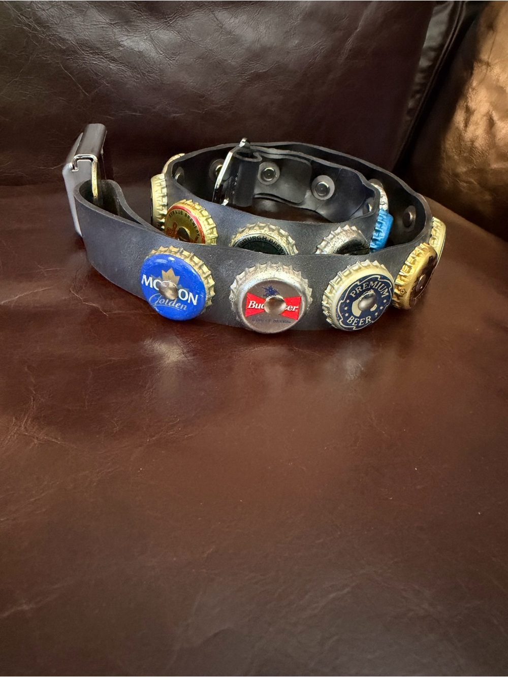 Women’s Black Leather Belt with Multicolor Beer Bottle Cap Embellishments